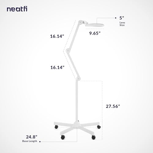 Neatfi (New Model) Bifocals 1,200 Lumens Super LED Magnifying Floor Lamp with 5 Wheels Rolling Base, 5 Diopter with 20 Diopter, Dimmable, Adjustable Arm Magnifier (5 Inches, White)