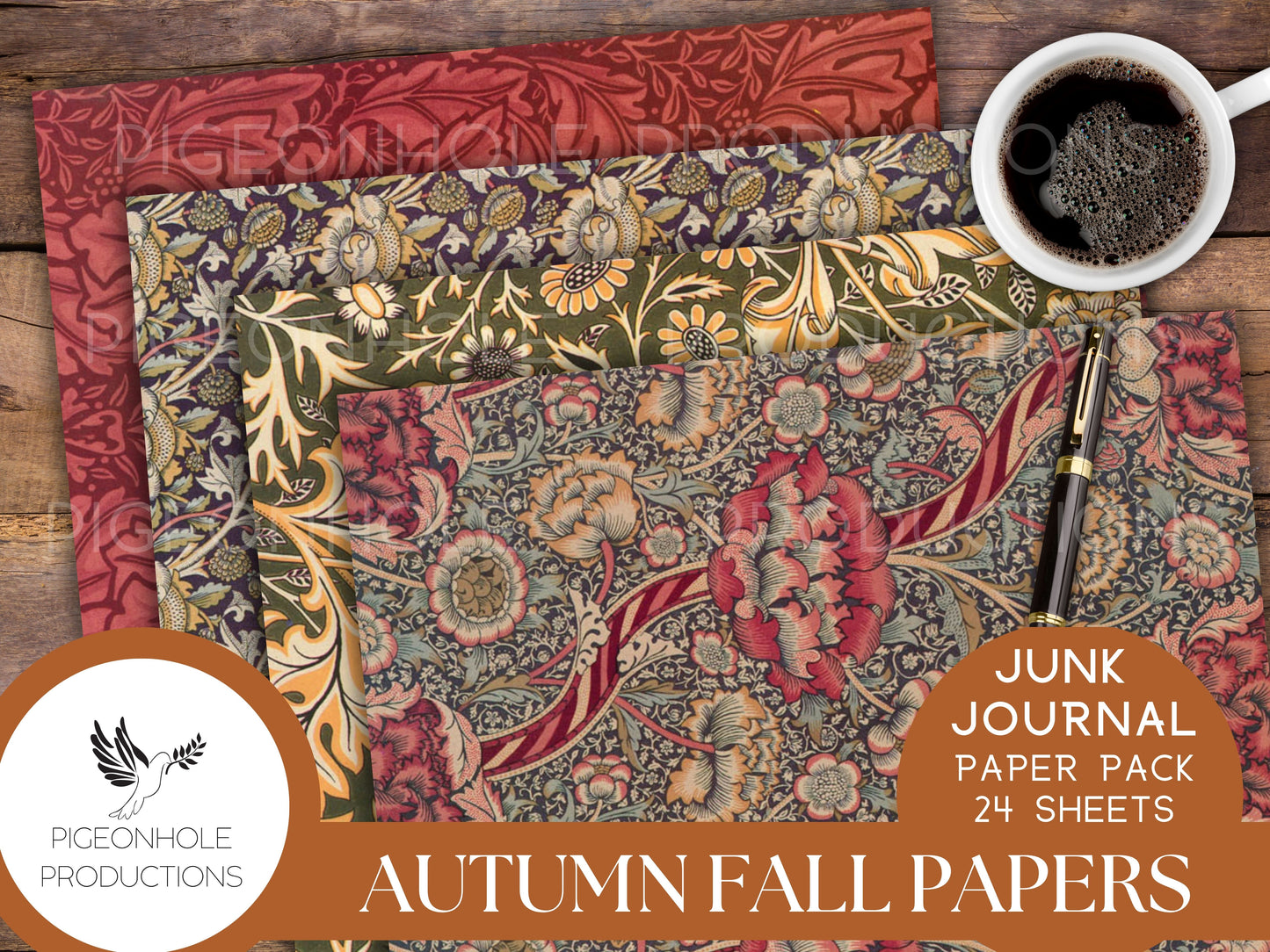 Autumn Fall Paper Pack, PRINTABLE, for junk journals and other paper crafts, beautiful traditional William Morris (1834-1896) warm papers