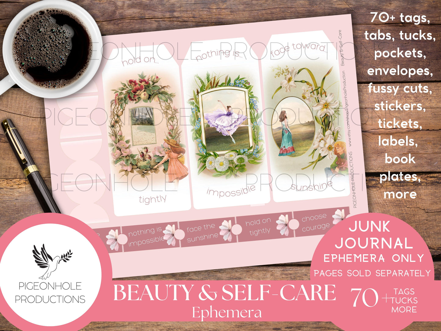 Beauty & Self-Care Junk Journal EPHEMERA, PRINTABLE, 70+ tags, tucks, pockets, envelopes, fussy cuts, stickers, tickets, labels, bookplates