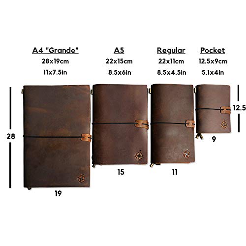 Leather Travel Journal with Pockets - 8.5x4.5" - Wanderings® Refillable Notebook Organizer, Hand-Crafted Genuine Leather Notebook with Pockets for Writing, Travelers, Organizing - Blank Inserts