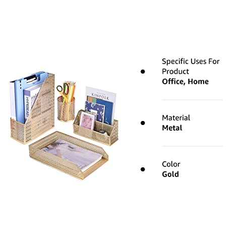 POPRUN Desk Organzier Set Cute Desk Accessories 4 Piece-Letter Sorter, Pencil Holder, Magazine Holder and Paper Tray Office Organizer set - Cute Stationary Desktop Accessories for Women Desk Set- Gold