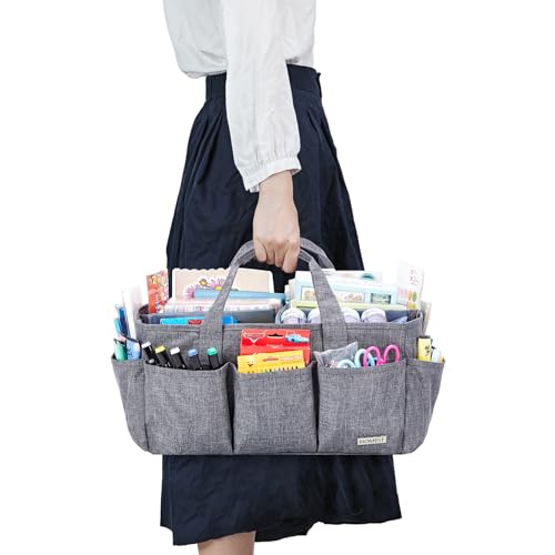 HOMEST Craft Organizer Tote Bag with Multiple Pockets, Storage Art Caddy for Scrapbooking, Crafts Supply Carrier for Tool, Gray