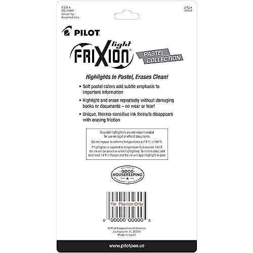Pilot, FriXion Light Pastel Erasable Highlighters, Chisel Tip, Pack of 5, Pastel Blue, Pink, Yellow, Green & Purple
