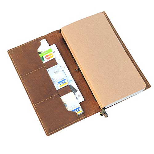 Leather Travel Journal with Pockets - 8.5x4.5" - Wanderings® Refillable Notebook Organizer, Hand-Crafted Genuine Leather Notebook with Pockets for Writing, Travelers, Organizing - Blank Inserts