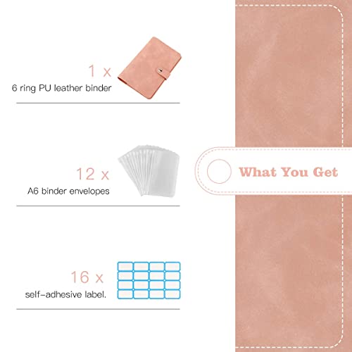 Housolution A6 Budget Binder with Zipper Envelopes, Mini PU Leather Money Organizer with 12 PCS Clear Plastic Zippered Cash Envelopes & Self-Adhesive Label, Money Wallet, Pink