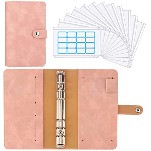 Housolution A6 Budget Binder with Zipper Envelopes, Mini PU Leather Money Organizer with 12 PCS Clear Plastic Zippered Cash Envelopes & Self-Adhesive Label, Money Wallet, Pink