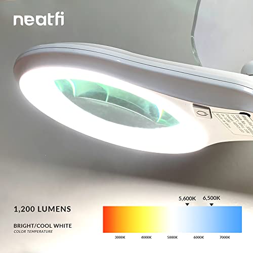 Neatfi (New Model) Bifocals 1,200 Lumens Super LED Magnifying Floor Lamp with 5 Wheels Rolling Base, 5 Diopter with 20 Diopter, Dimmable, Adjustable Arm Magnifier (5 Inches, White)