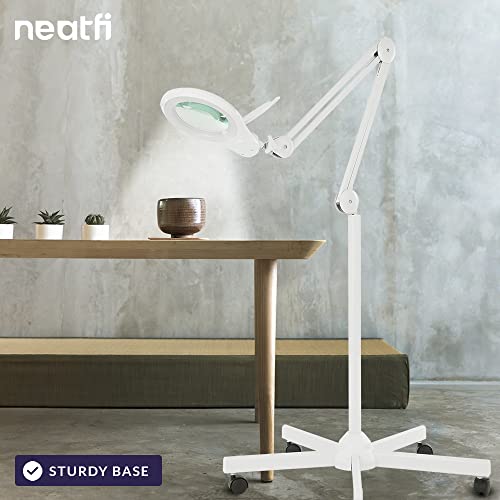 Neatfi (New Model) Bifocals 1,200 Lumens Super LED Magnifying Floor Lamp with 5 Wheels Rolling Base, 5 Diopter with 20 Diopter, Dimmable, Adjustable Arm Magnifier (5 Inches, White)