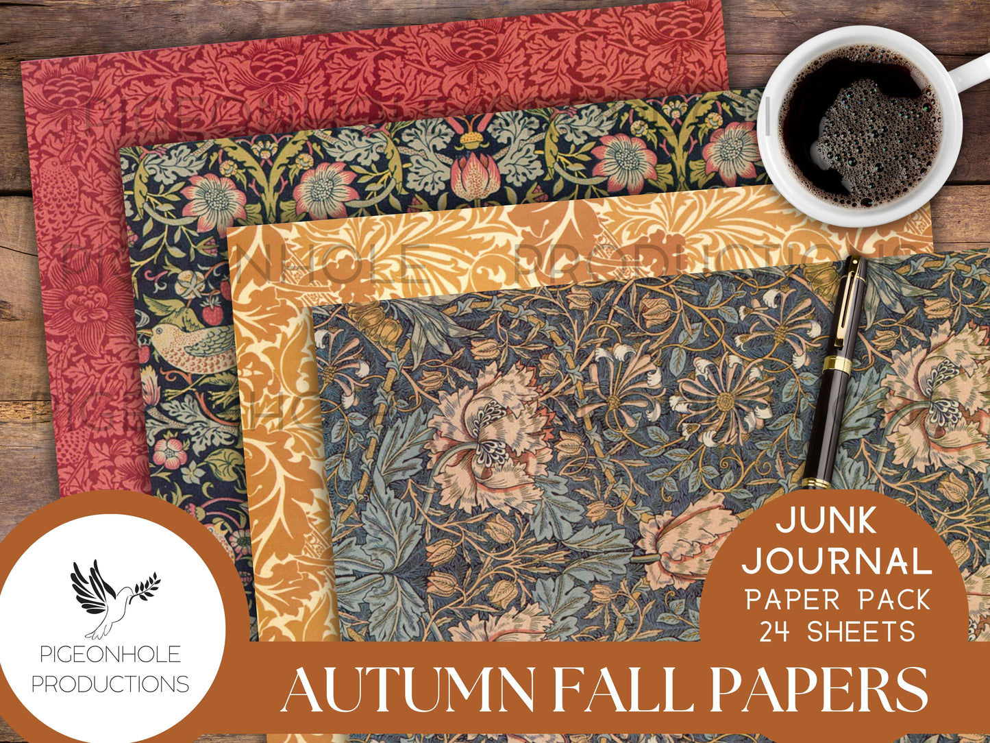 Autumn Fall Paper Pack, PRINTABLE, for junk journals and other paper crafts, beautiful traditional William Morris (1834-1896) warm papers