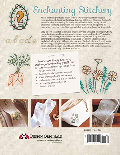 500 Simply Charming Designs for Embroidery: Easy-to-Stitch Monograms and Motifs (Design Originals) Patterns for the Home, Holidays, Food, Animals, Monograms, & Borders, plus Basic Stitches & a Gallery
