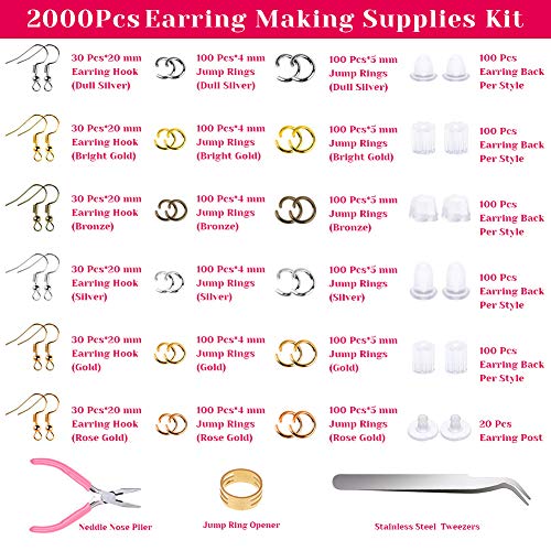 anezus Earrings Hooks for Jewelry Making, 2000Pcs Earring Making Supplies Kit with Fish Hook Earrings, Earring Cards, Jewelry Plier, Earring Backs and Jump Ring for Jewelry Making and Earring Repair