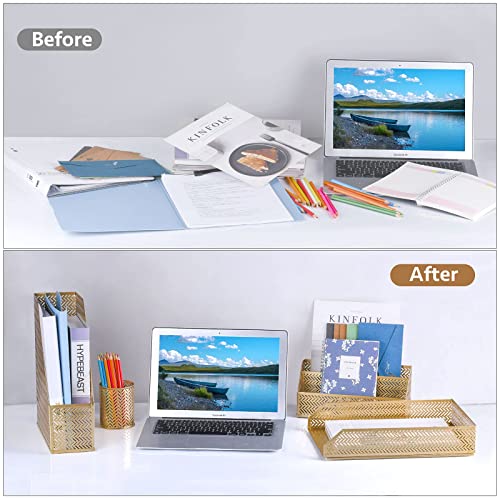 POPRUN Desk Organzier Set Cute Desk Accessories 4 Piece-Letter Sorter, Pencil Holder, Magazine Holder and Paper Tray Office Organizer set - Cute Stationary Desktop Accessories for Women Desk Set- Gold