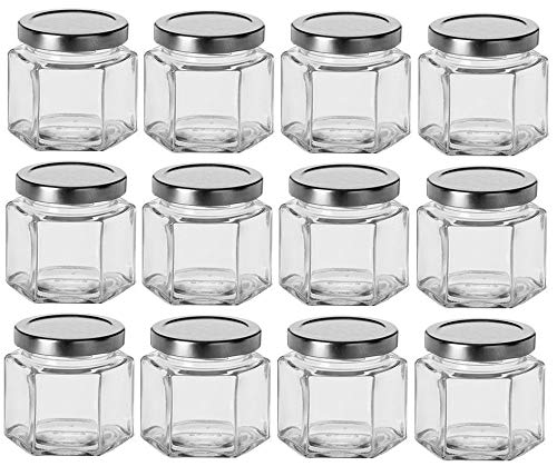 Nakpunar 12 pcs 4 oz Hexagon Glass Jars with Silver Lids (4 oz, Silver)