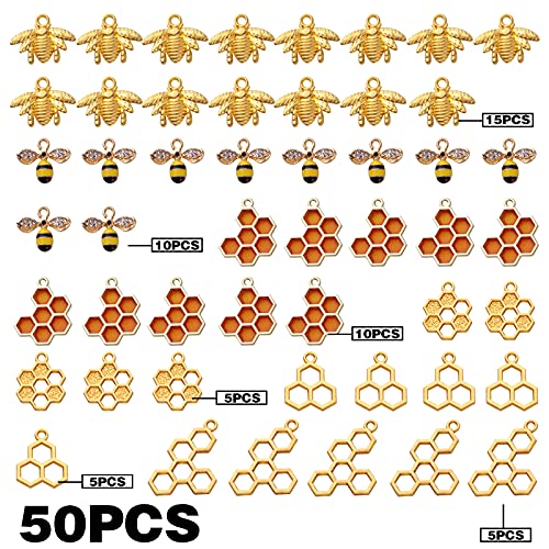 BronaGrand 50pcs Honeycomb Bee Charms Enamel Rhinestone Alloy Honeybee Charms Pendants for DIY Necklace Earrings Bracelet Jewelry Making Accessories
