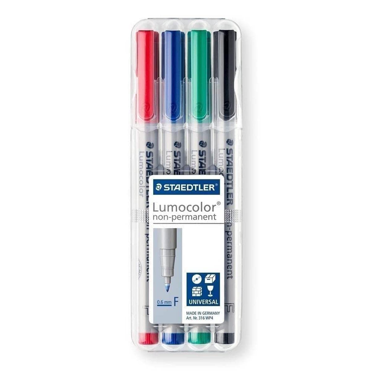 Staedtler Lumograph Non-Permanent Wet Erase Marker Pens, Fine Tip Refillable Colored Markers, 4 Pack, 315 WP4