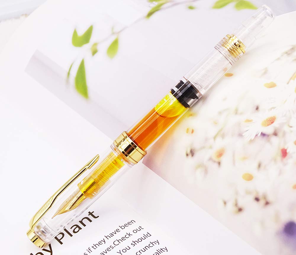 Lanxivi Yongsheng 3011 Demonstrator Clear Classical Fountain Pen Fine Nib Arrow Clip, Piston Filling System, Gold Trim, Set of 4 Pieces in transparent Color