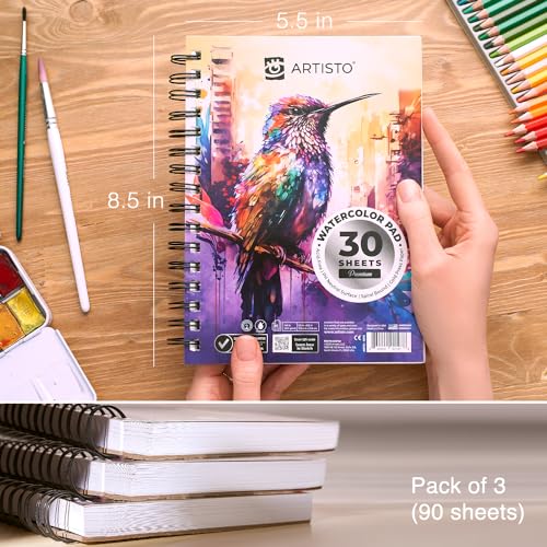 Artisto Watercolor Pads 5.5x8.5”, Pack of 3 (90 Sheets), Spiral Bound, Acid-Free Paper, 140lb (300gsm), Perfect for Most Wet & Dry Media, Ideal for Beginners, Artists & Professionals