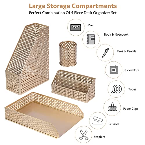 POPRUN Desk Organzier Set Cute Desk Accessories 4 Piece-Letter Sorter, Pencil Holder, Magazine Holder and Paper Tray Office Organizer set - Cute Stationary Desktop Accessories for Women Desk Set- Gold