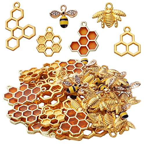 BronaGrand 50pcs Honeycomb Bee Charms Enamel Rhinestone Alloy Honeybee Charms Pendants for DIY Necklace Earrings Bracelet Jewelry Making Accessories