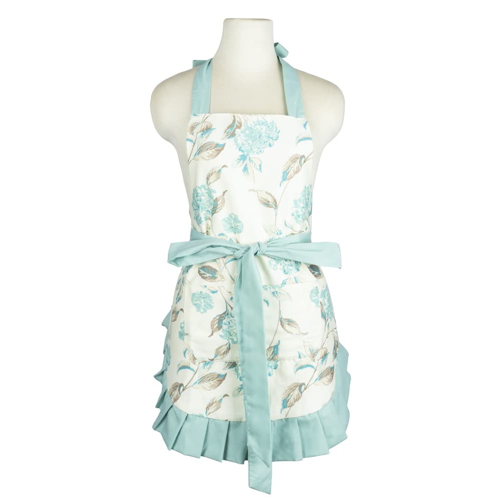 NEOVIVA Cooking Apron for Women with Pockets, Double-layered Bib Apron for Cooking, Baking, BBQ and Gardening, Style Kathy, Floral Hydrangea Clear Aqua