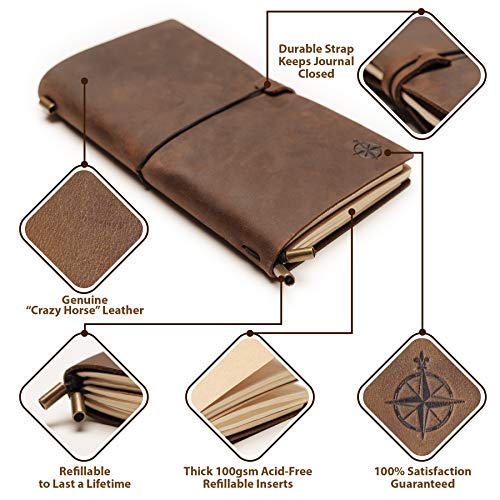 Leather Travel Journal with Pockets - 8.5x4.5" - Wanderings® Refillable Notebook Organizer, Hand-Crafted Genuine Leather Notebook with Pockets for Writing, Travelers, Organizing - Blank Inserts