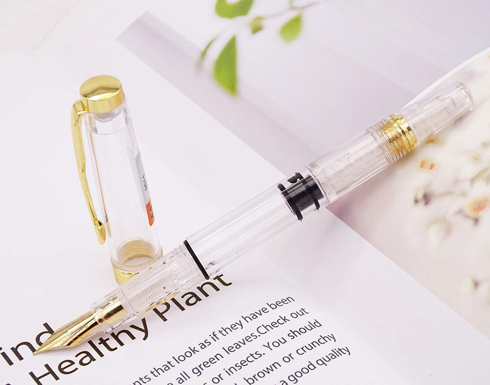 Lanxivi Yongsheng 3011 Demonstrator Clear Classical Fountain Pen Fine Nib Arrow Clip, Piston Filling System, Gold Trim, Set of 4 Pieces in transparent Color