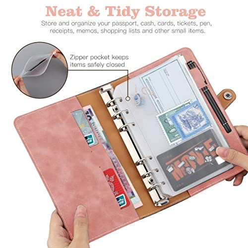Housolution A6 Budget Binder with Zipper Envelopes, Mini PU Leather Money Organizer with 12 PCS Clear Plastic Zippered Cash Envelopes & Self-Adhesive Label, Money Wallet, Pink
