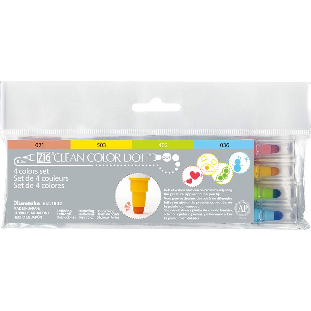 Kuretake CLEAN COLOR DOT Dual tip markers 4 colors set, 0.5mm fine tip and a flexible dot tip, for Journals, Crafts, Illustration, Lettering, Planners, for Adult, Kids, Made in Japan