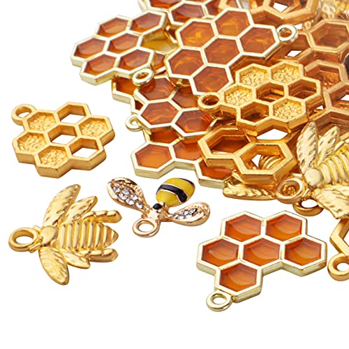 BronaGrand 50pcs Honeycomb Bee Charms Enamel Rhinestone Alloy Honeybee Charms Pendants for DIY Necklace Earrings Bracelet Jewelry Making Accessories