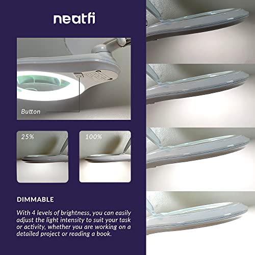 Neatfi (New Model) Bifocals 1,200 Lumens Super LED Magnifying Floor Lamp with 5 Wheels Rolling Base, 5 Diopter with 20 Diopter, Dimmable, Adjustable Arm Magnifier (5 Inches, White)
