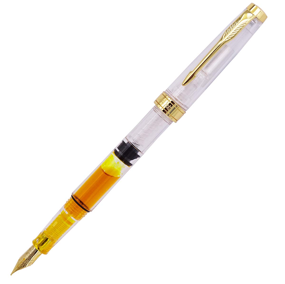 Lanxivi Yongsheng 3011 Demonstrator Clear Classical Fountain Pen Fine Nib Arrow Clip, Piston Filling System, Gold Trim, Set of 4 Pieces in transparent Color
