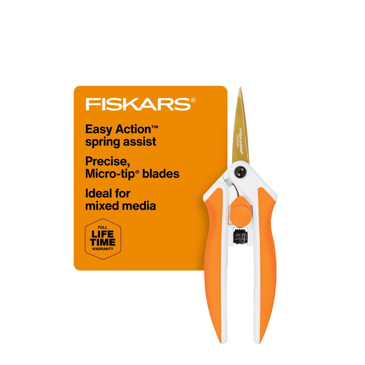 Fiskars Premier No. 5 Micro-Tip Easy Action Titanium Scissors - Stainless Steel Fabric and Mixed Media Scissors - Arts and Crafts - Orange