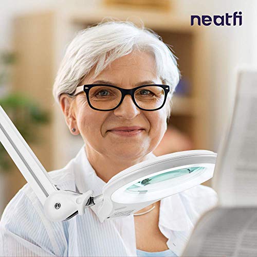Neatfi (New Model) Bifocals 1,200 Lumens Super LED Magnifying Floor Lamp with 5 Wheels Rolling Base, 5 Diopter with 20 Diopter, Dimmable, Adjustable Arm Magnifier (5 Inches, White)