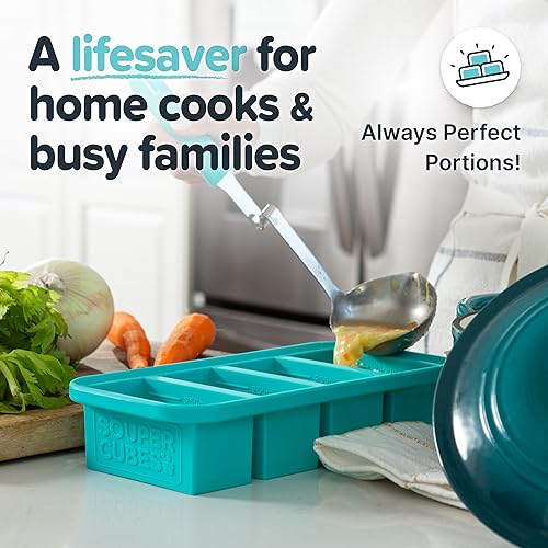 Souper Cubes 1 Cup Silicone Freezer Tray With Lid - Easy Meal Prep Container and Kitchen Storage Solution - Silicone Molds for Soup and Food Storage - Aqua - 2-Pack