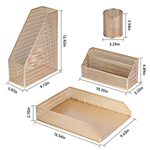 POPRUN Desk Organzier Set Cute Desk Accessories 4 Piece-Letter Sorter, Pencil Holder, Magazine Holder and Paper Tray Office Organizer set - Cute Stationary Desktop Accessories for Women Desk Set- Gold
