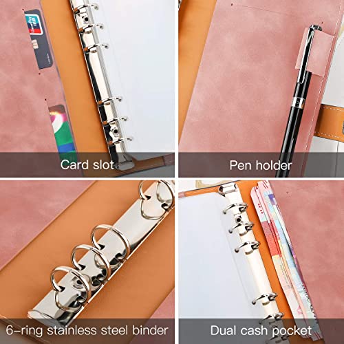 Housolution A6 Budget Binder with Zipper Envelopes, Mini PU Leather Money Organizer with 12 PCS Clear Plastic Zippered Cash Envelopes & Self-Adhesive Label, Money Wallet, Pink