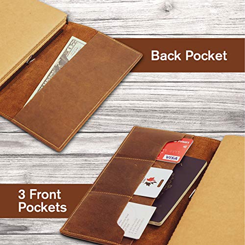 Leather Travel Journal with Pockets - 8.5x4.5" - Wanderings® Refillable Notebook Organizer, Hand-Crafted Genuine Leather Notebook with Pockets for Writing, Travelers, Organizing - Blank Inserts