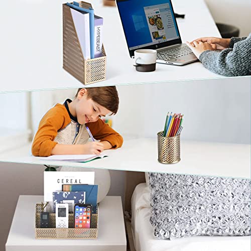 POPRUN Desk Organzier Set Cute Desk Accessories 4 Piece-Letter Sorter, Pencil Holder, Magazine Holder and Paper Tray Office Organizer set - Cute Stationary Desktop Accessories for Women Desk Set- Gold