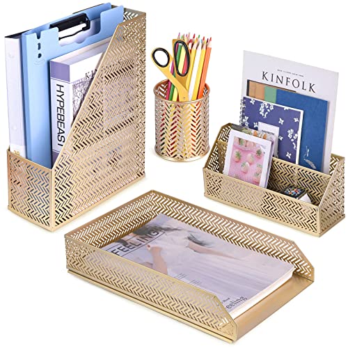 POPRUN Desk Organzier Set Cute Desk Accessories 4 Piece-Letter Sorter, Pencil Holder, Magazine Holder and Paper Tray Office Organizer set - Cute Stationary Desktop Accessories for Women Desk Set- Gold