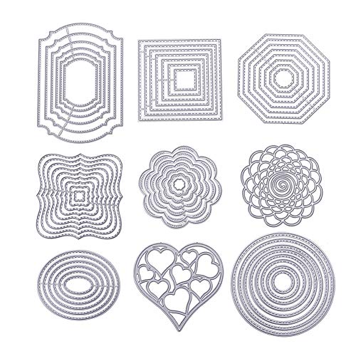 BENECREAT 9 Sets Cutting Dies Cut Metal Scrapbooking Stencils Nesting Die for Festival Chrismas Embossing Photo Album Cards Making - Round, Square, Octagon, Heart, Flower
