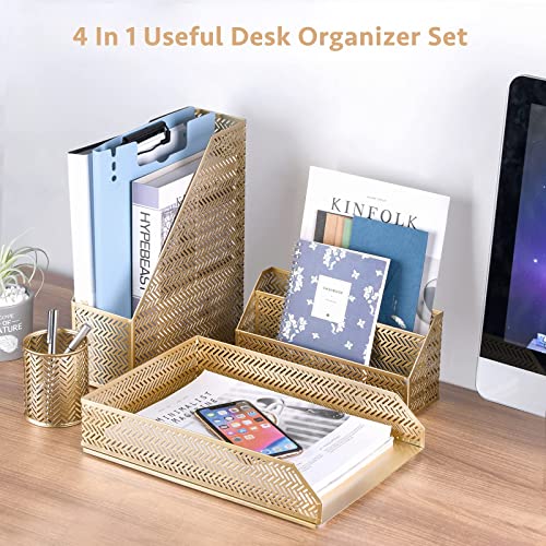 POPRUN Desk Organzier Set Cute Desk Accessories 4 Piece-Letter Sorter, Pencil Holder, Magazine Holder and Paper Tray Office Organizer set - Cute Stationary Desktop Accessories for Women Desk Set- Gold