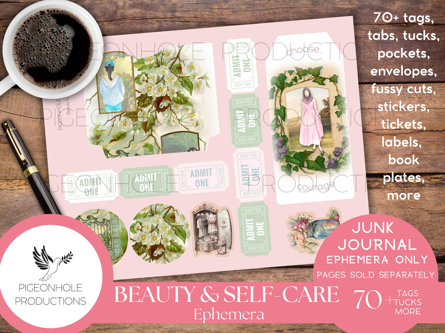 Beauty & Self-Care Junk Journal EPHEMERA, PRINTABLE, 70+ tags, tucks, pockets, envelopes, fussy cuts, stickers, tickets, labels, bookplates