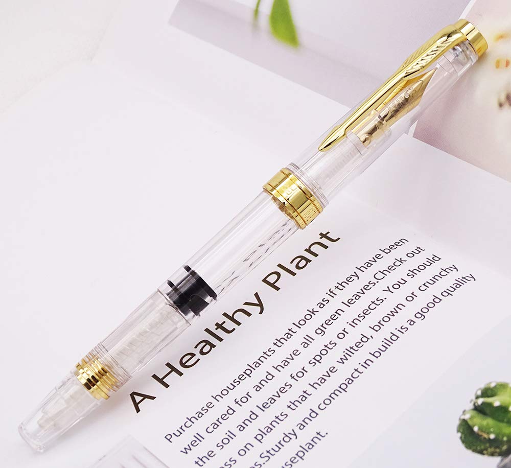 Lanxivi Yongsheng 3011 Demonstrator Clear Classical Fountain Pen Fine Nib Arrow Clip, Piston Filling System, Gold Trim, Set of 4 Pieces in transparent Color