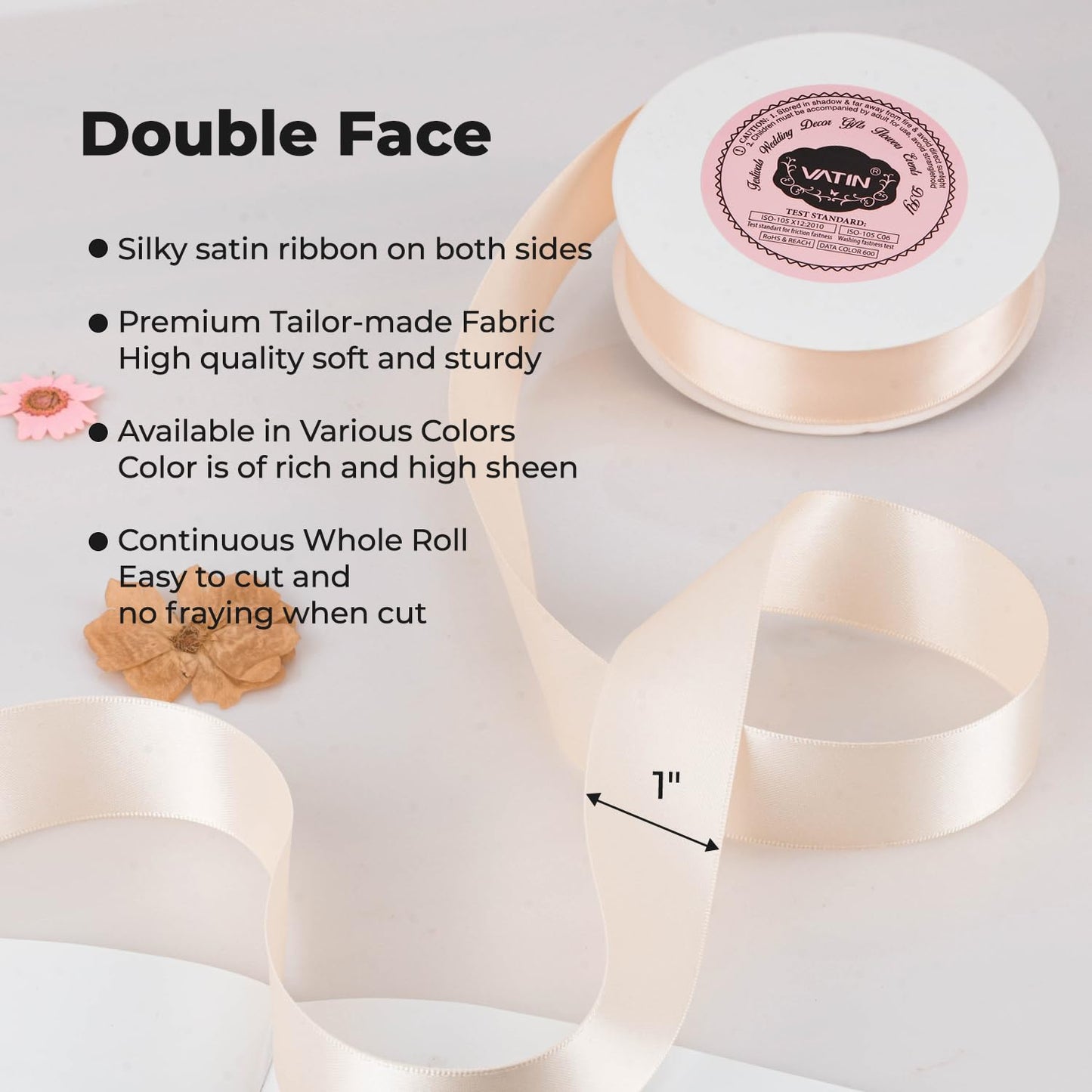 VATIN 1 inch Cream Double Faced Polyester Satin Ribbon -Continuous 25 Yard Spool, Perfect for Wedding, Wreath, Baby Shower,Packing and Other Projects
