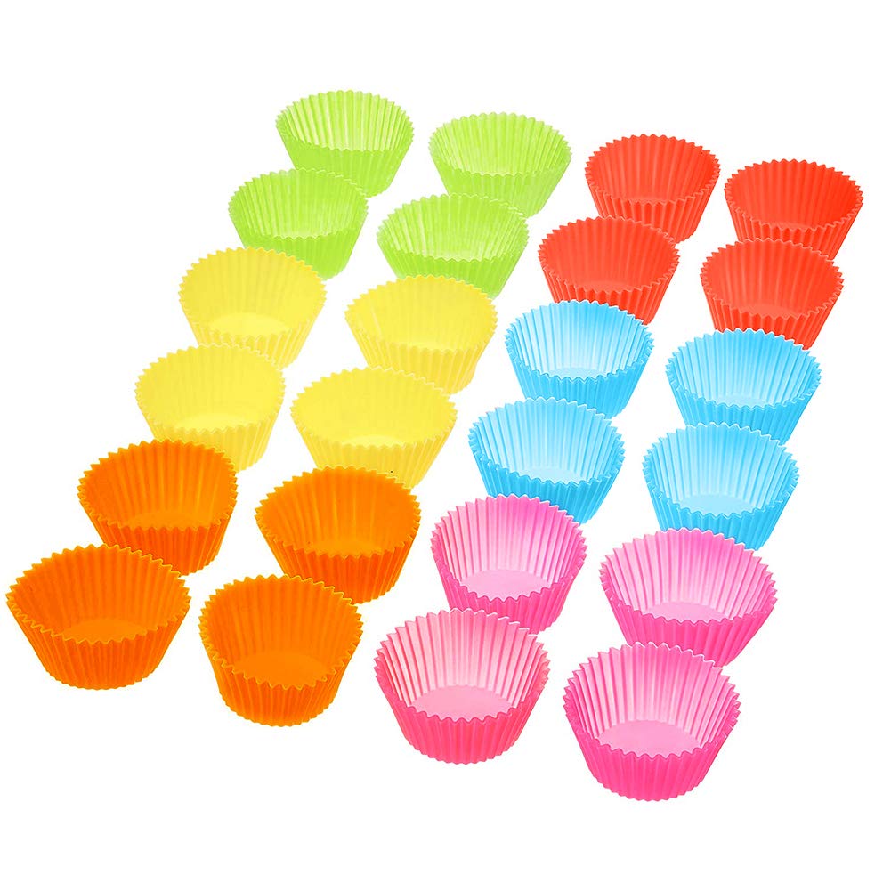 BiaoGan Silicone Cupcake Baking Cups, Multi Color Reusable Muffin Cup Liners, Rainbow Cupcake Wrappers, 24-Pack, 6 Vibrant Colors