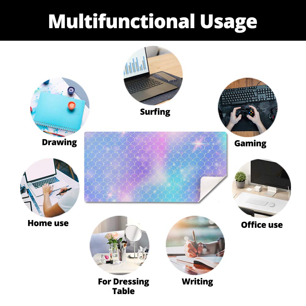 QIYI Multifunctional Office Desk Pad, Water-Resistant PU Leather Mouse Pad, Home Décor Large Desk Organizer Mat, Non Slip Base Writing Pads for Home & Office 31.5" x 15.7" - Mermaid Scales