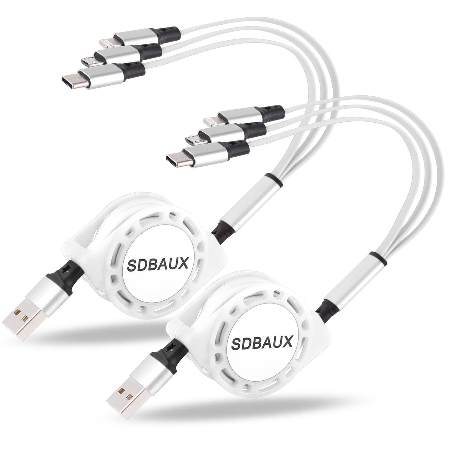 SDBAUX 2Pack Multi USB Charger Cable Retractable 3 in 1 Multiple Charging Cord Adapter with Mini Type C Micro USB Port Connectors Compatible with Cell Phones Tablets Universal Use (3.3ft/White)