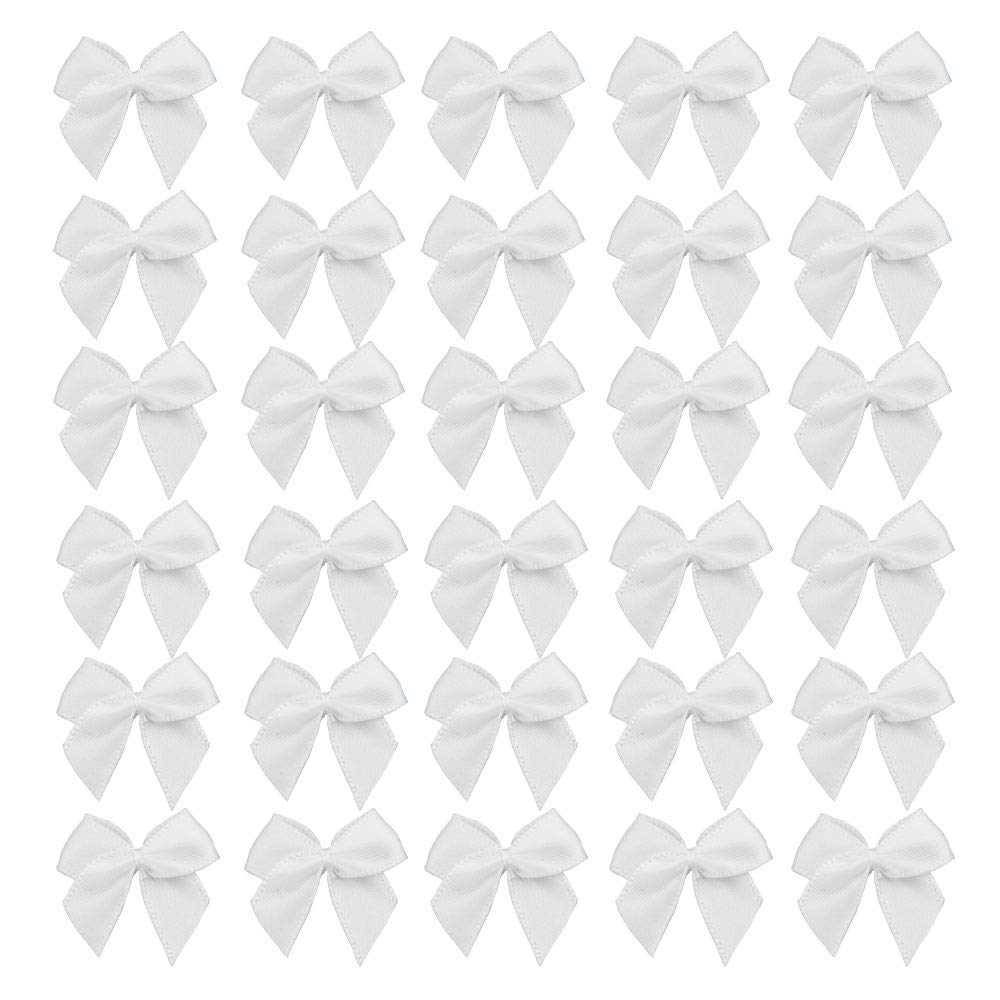 7Rainbows 50pcs Boutique Mini White Satin Ribbon Bows Flowers Appliques DIY Craft for Sewing Scrapbooking Wedding and Gift