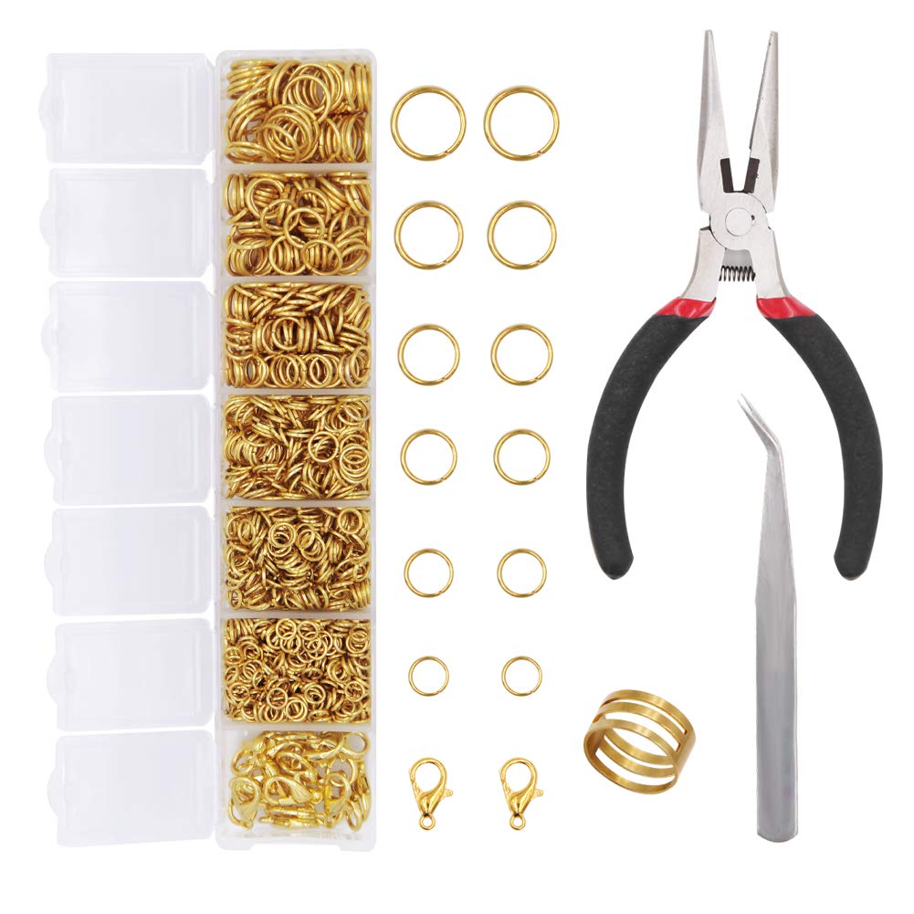 EuTengHao 1504Pcs Gold Open Jump Ring and Lobster Clasps Kit Jewelry Making Repair Supplies Kit with Jewelry Pliers Tweezers for Necklace Jewelry Making Repair (Gold)