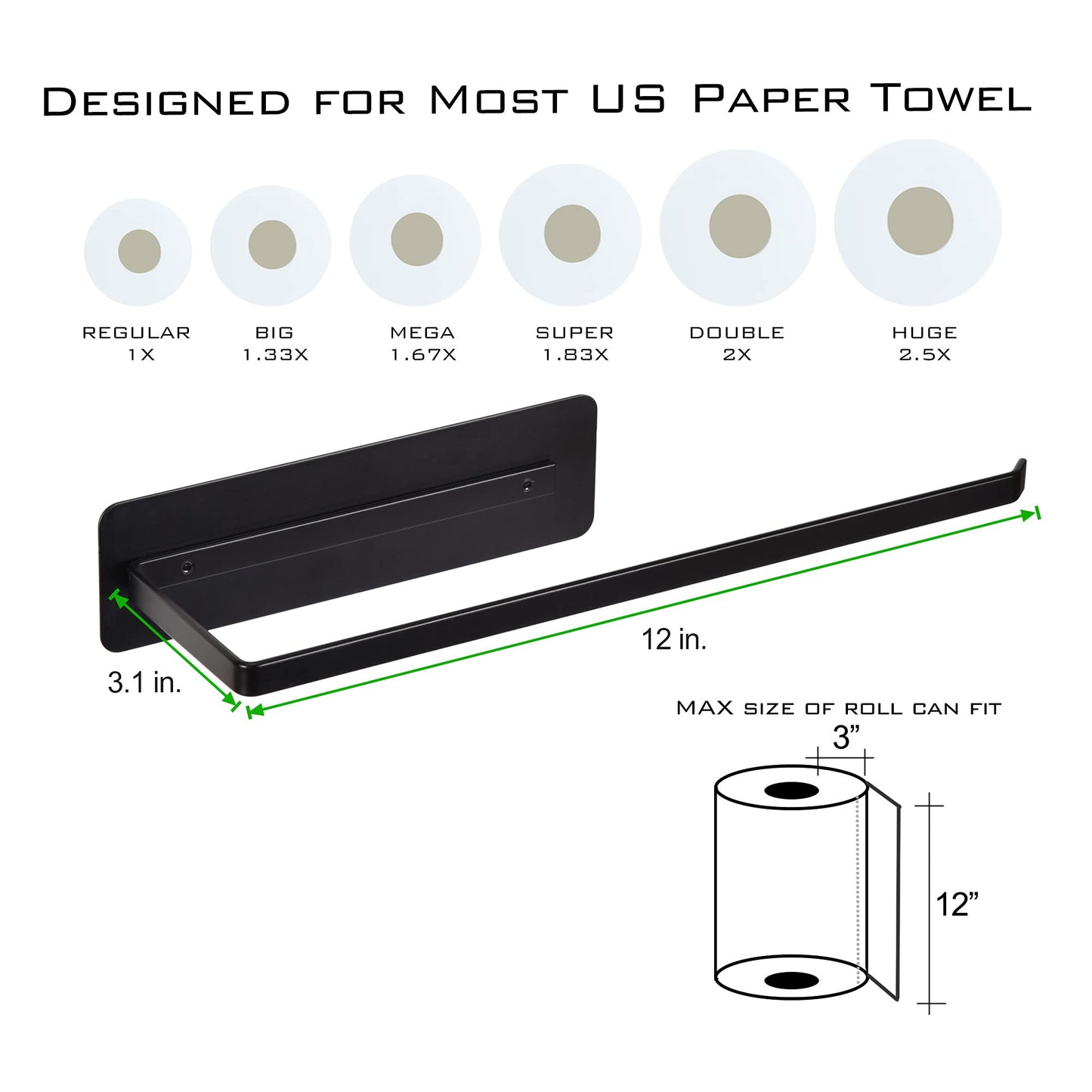 EASTTOWEST Magnetic Paper Towel Holder,Black Towel Bar Rack for Refrigerator BBQ Grills Griddles Toolbox RVs Tailgates,Heavy Duty Strong Magnet Backing,12”(L) x 3”(H),Fit All US Paper Roll